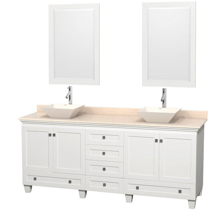 Wyndham Collection Acclaim 80" Double Bathroom Vanity in White With Ivory Marble Countertop, Pyra Bone Porcelain Sink & 24" Mirror