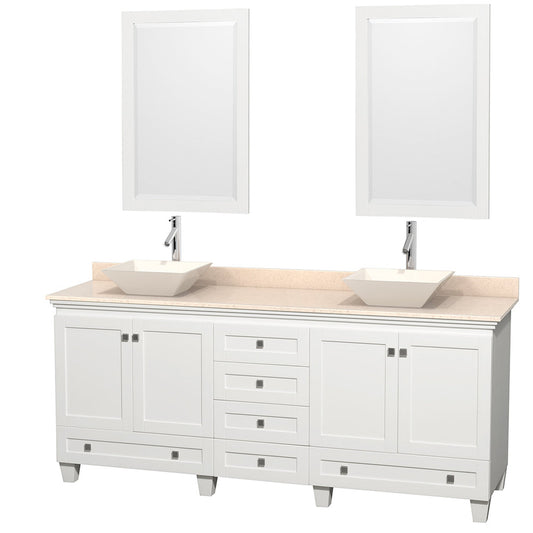 Wyndham Collection Acclaim 80" Double Bathroom Vanity in White With Ivory Marble Countertop, Pyra Bone Porcelain Sink & 24" Mirror
