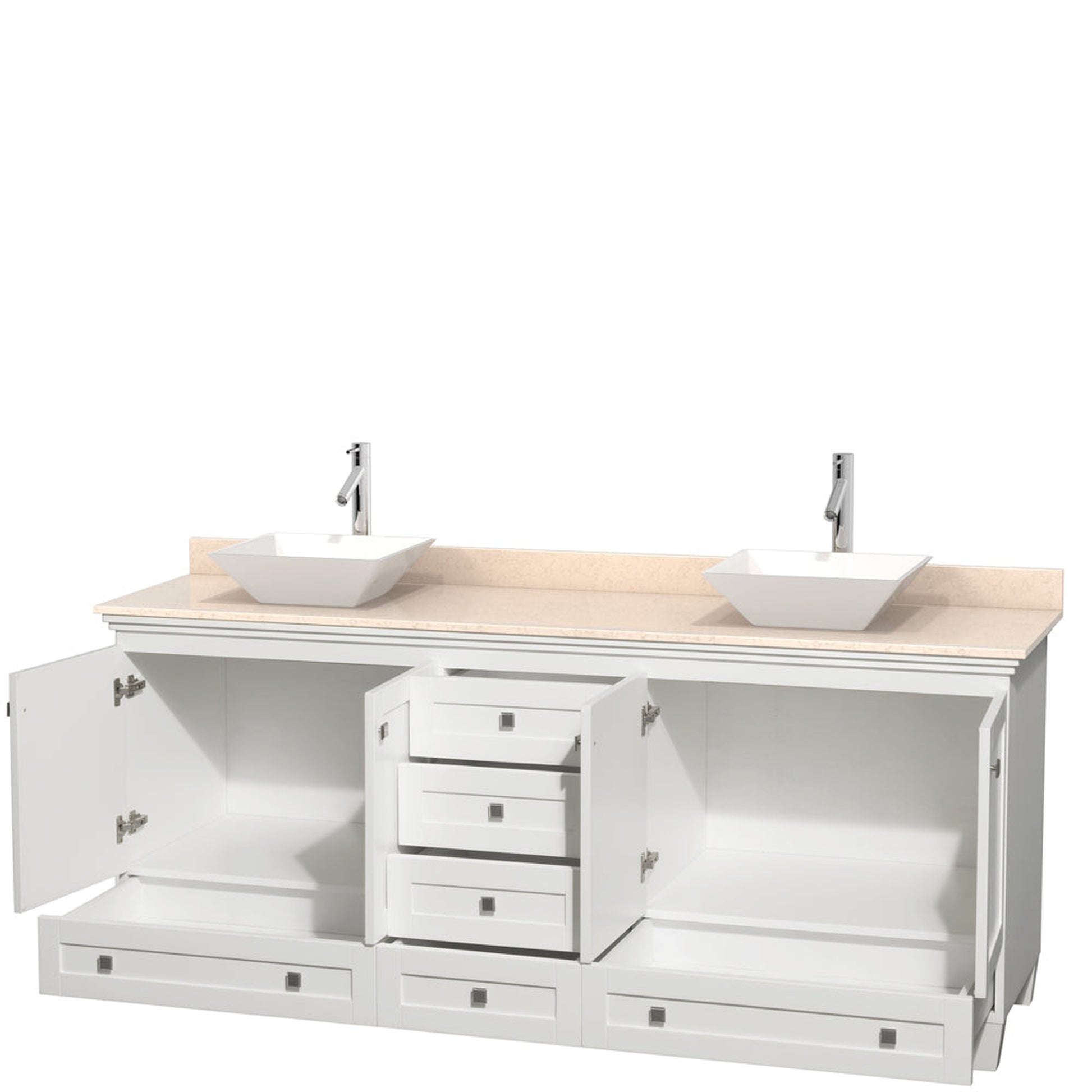 Wyndham Collection Acclaim 80" Double Bathroom Vanity in White With Ivory Marble Countertop & Pyra White Porcelain Sink