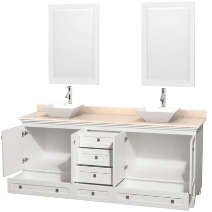 Wyndham Collection Acclaim 80" Double Bathroom Vanity in White With Ivory Marble Countertop, Pyra White Porcelain Sink & 24" Mirror