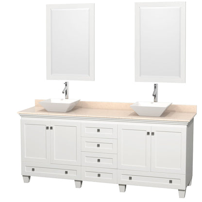 Wyndham Collection Acclaim 80" Double Bathroom Vanity in White With Ivory Marble Countertop, Pyra White Porcelain Sink & 24" Mirror
