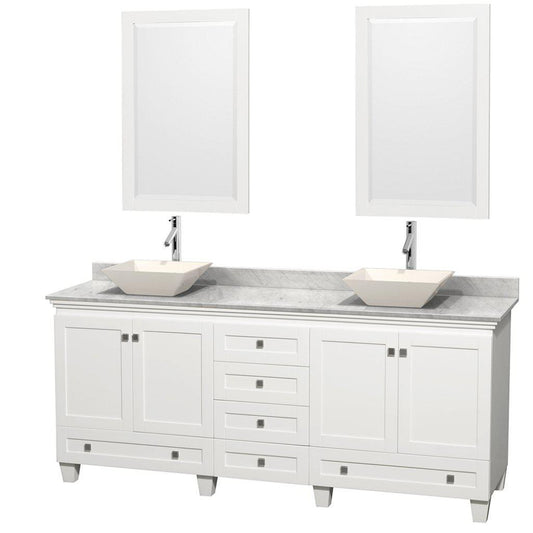 Wyndham Collection Acclaim 80" Double Bathroom White Vanity With White Carrara Marble Countertop And Pyra Bone Porcelain Sinks And 2 Set Of 24" Mirror
