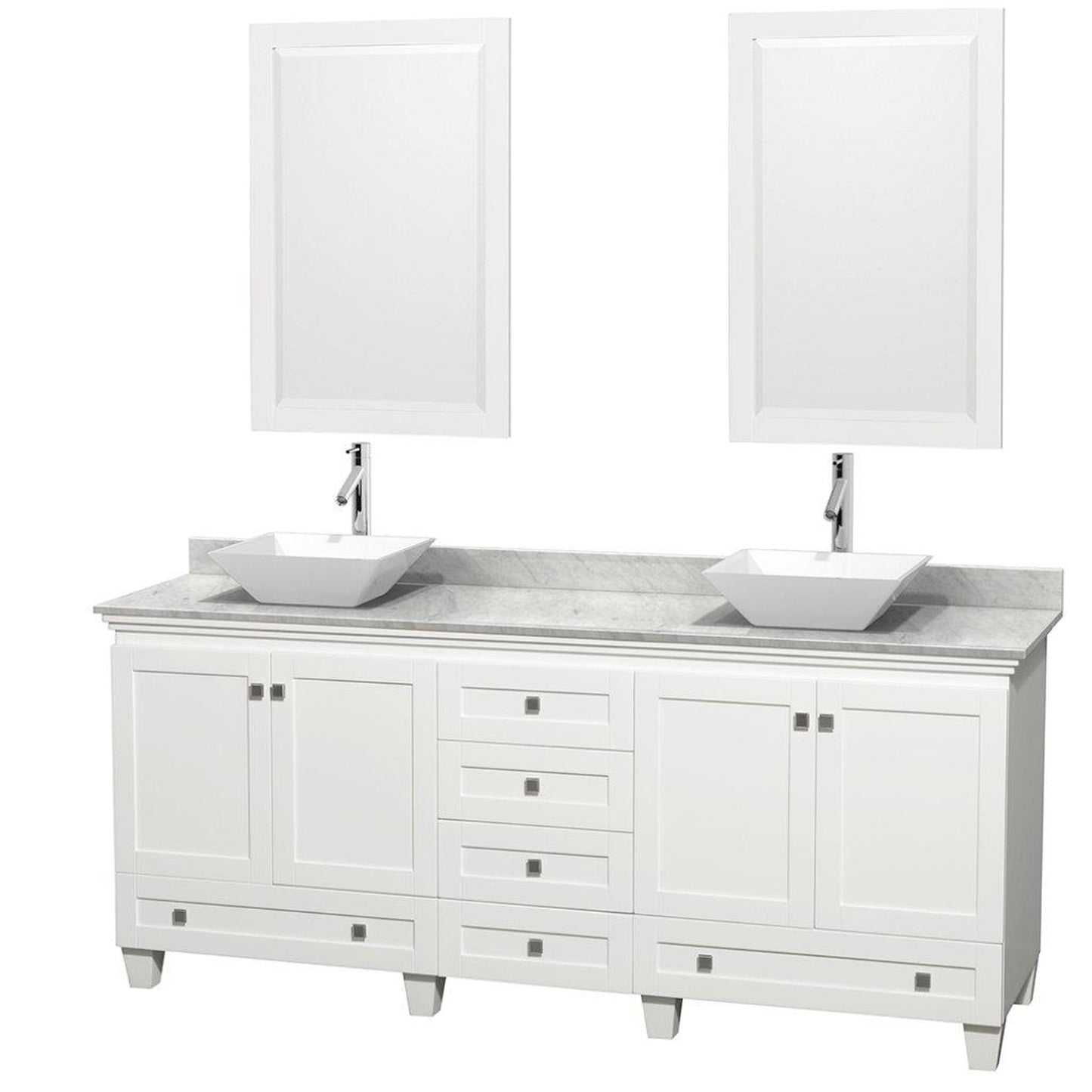 Wyndham Collection Acclaim 80" Double Bathroom White Vanity With White Carrara Marble Countertop And Pyra White Porcelain Sinks And 2 Set Of 24" Mirror