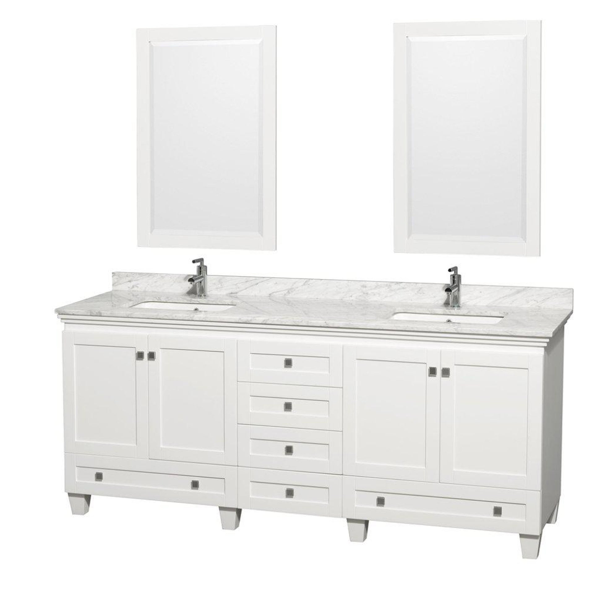Wyndham Collection Acclaim 80" Double Bathroom White Vanity With White Carrara Marble Countertop And Undermount Square Sinks And 2 Set Of 24" Mirror