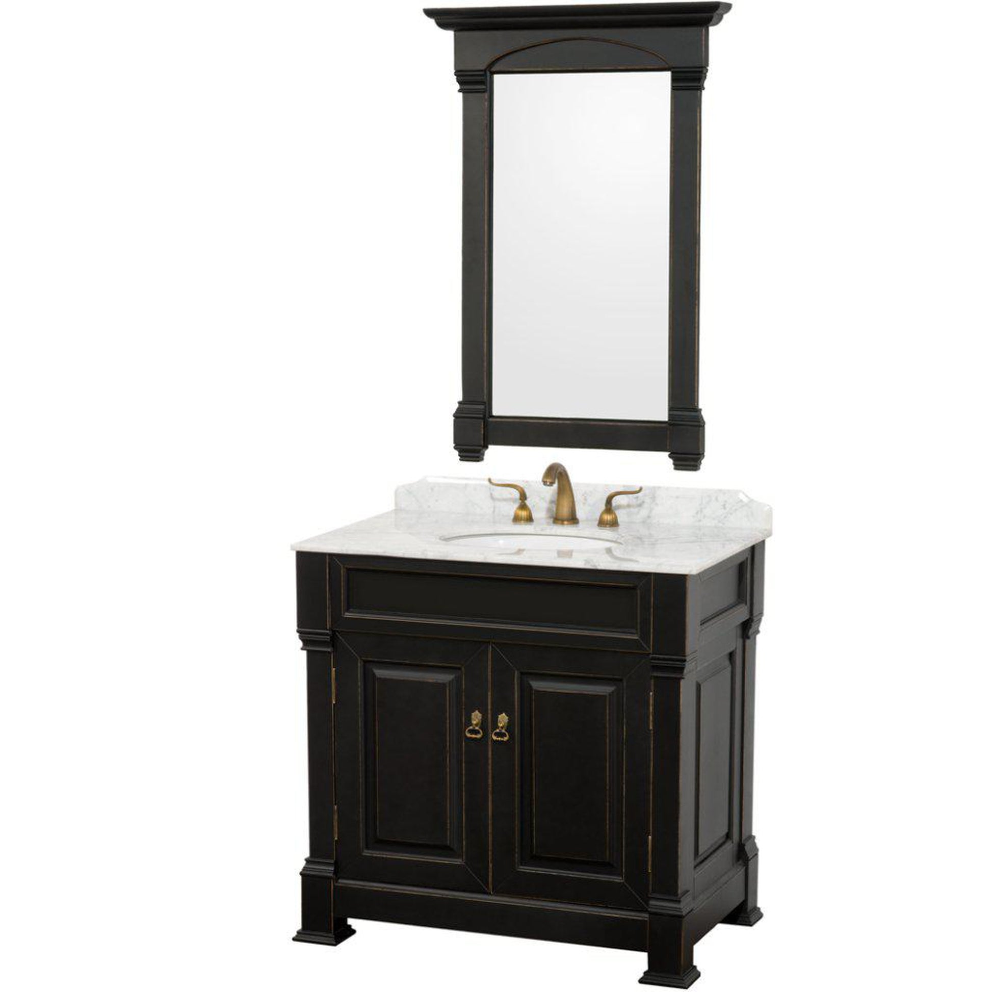 Wyndham Collection Andover 36" Single Bathroom Black Vanity Set With White Carrara Marble Countertop And Undermount Oval Sink, And 28" Mirror