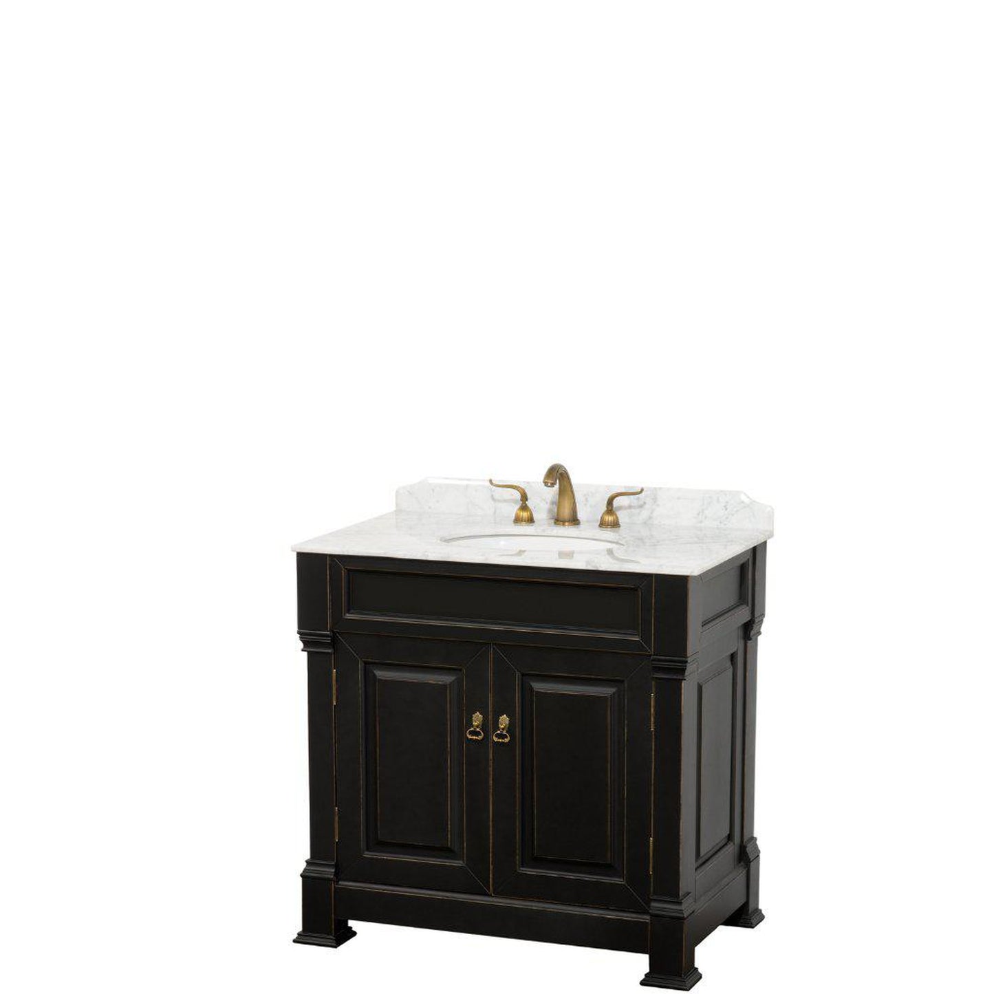 Wyndham Collection Andover 36" Single Bathroom Black Vanity With White Carrara Marble Countertop And Undermount Oval Sink, And No Mirror