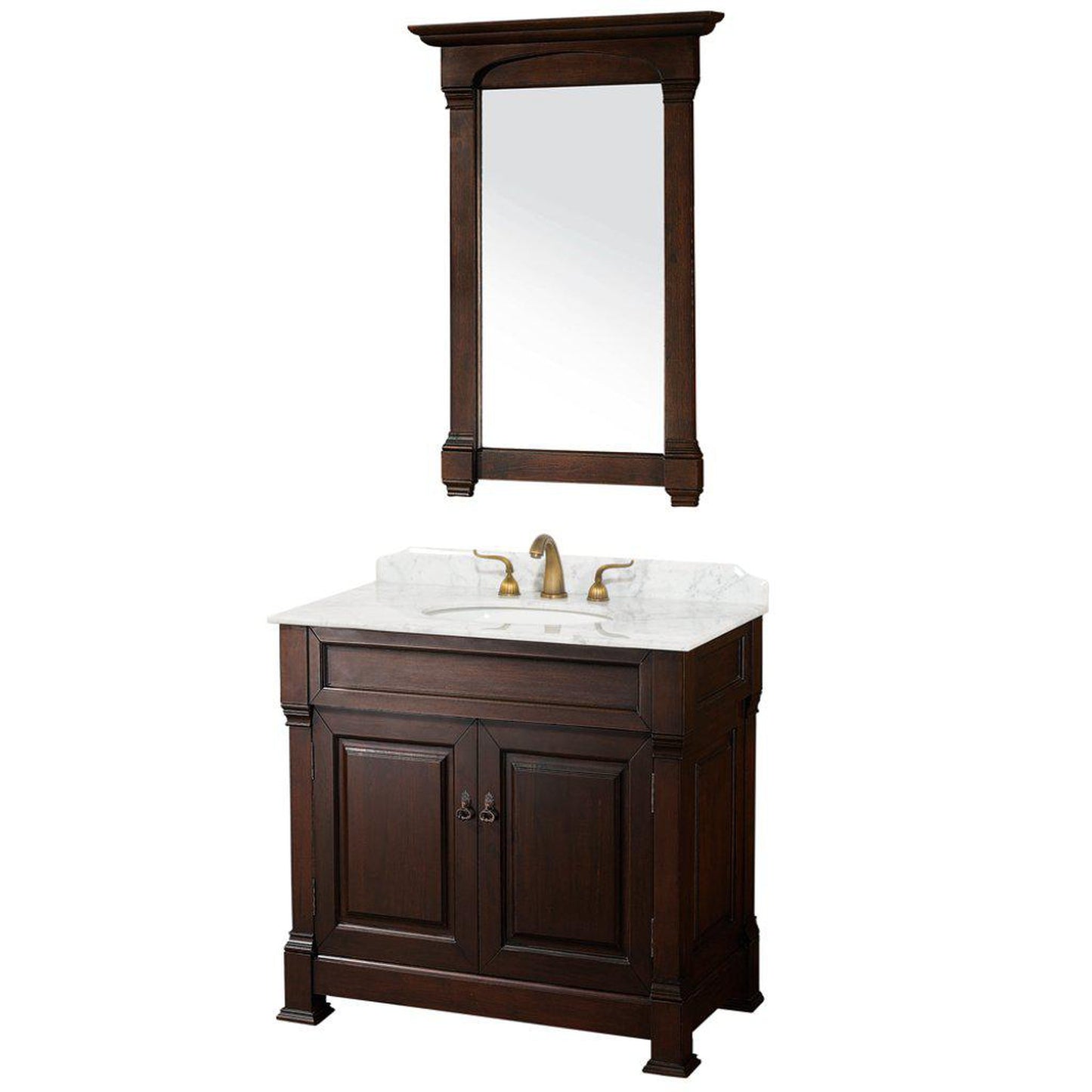 Wyndham Collection Andover 36" Single Bathroom Dark Cherry Vanity Set With White Carrara Marble Countertop And Undermount Oval Sink, And 28" Mirror