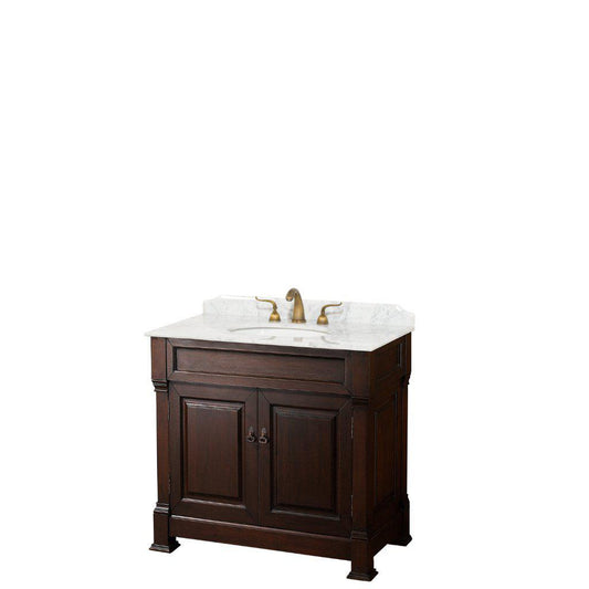 Wyndham Collection Andover 36" Single Bathroom Dark Cherry Vanity With White Carrara Marble Countertop And Undermount Oval Sink, And No Mirror
