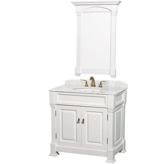 Wyndham Collection Andover 36" Single Bathroom White Vanity Set With White Carrara Marble Countertop And Undermount Oval Sink, And 28" Mirror
