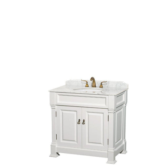 Wyndham Collection Andover 36" Single Bathroom White Vanity With White Carrara Marble Countertop And Undermount Oval Sink, And No Mirror