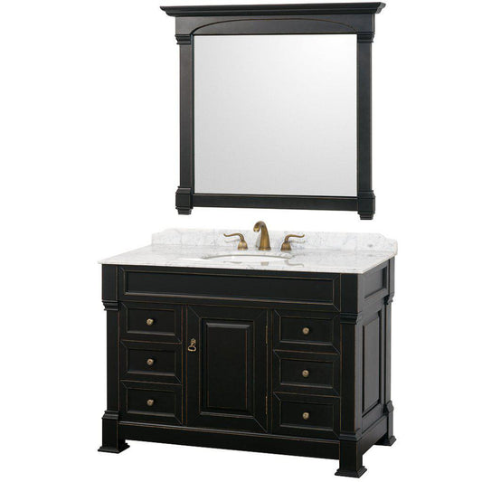 Wyndham Collection Andover 48" Single Bathroom Black Vanity With White Carrara Marble Countertop And Undermount Oval Sink, And 44" Mirror
