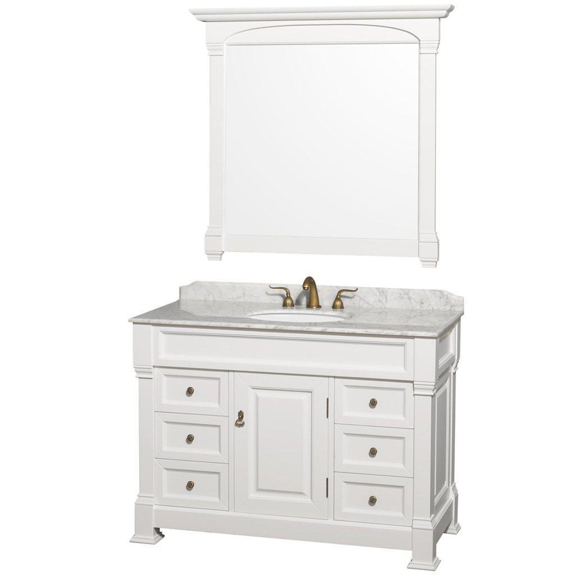 Wyndham Collection Andover 48" Single Bathroom White Vanity Set With White Carrara Marble Countertop And Undermount Oval Sink, And 44" Mirror