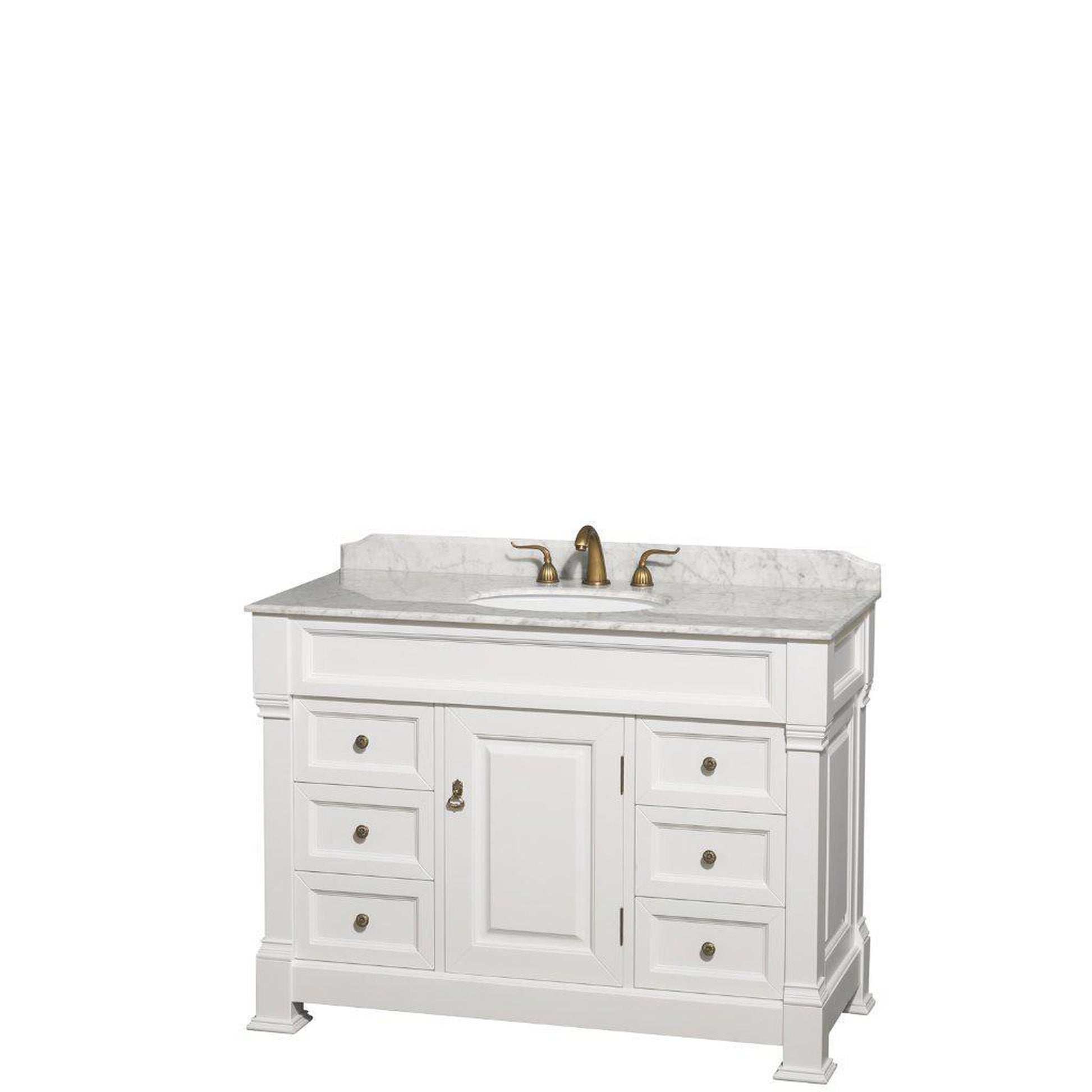 Wyndham Collection Andover 48" Single Bathroom White Vanity With White Carrara Marble Countertop And Undermount Oval Sink, And No Mirror