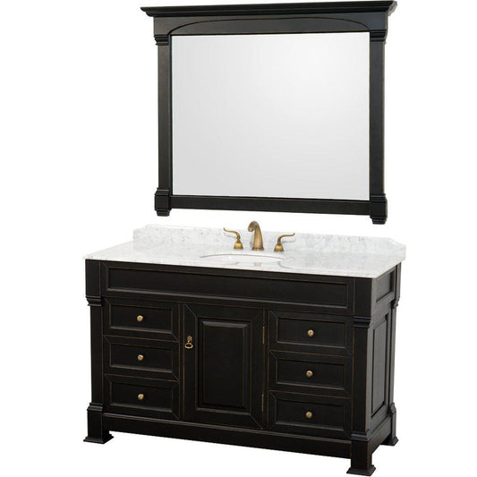 Wyndham Collection Andover 55" Single Bathroom Black Vanity With White Carrara Marble Countertop And Undermount Oval Sink, And 50" Mirror