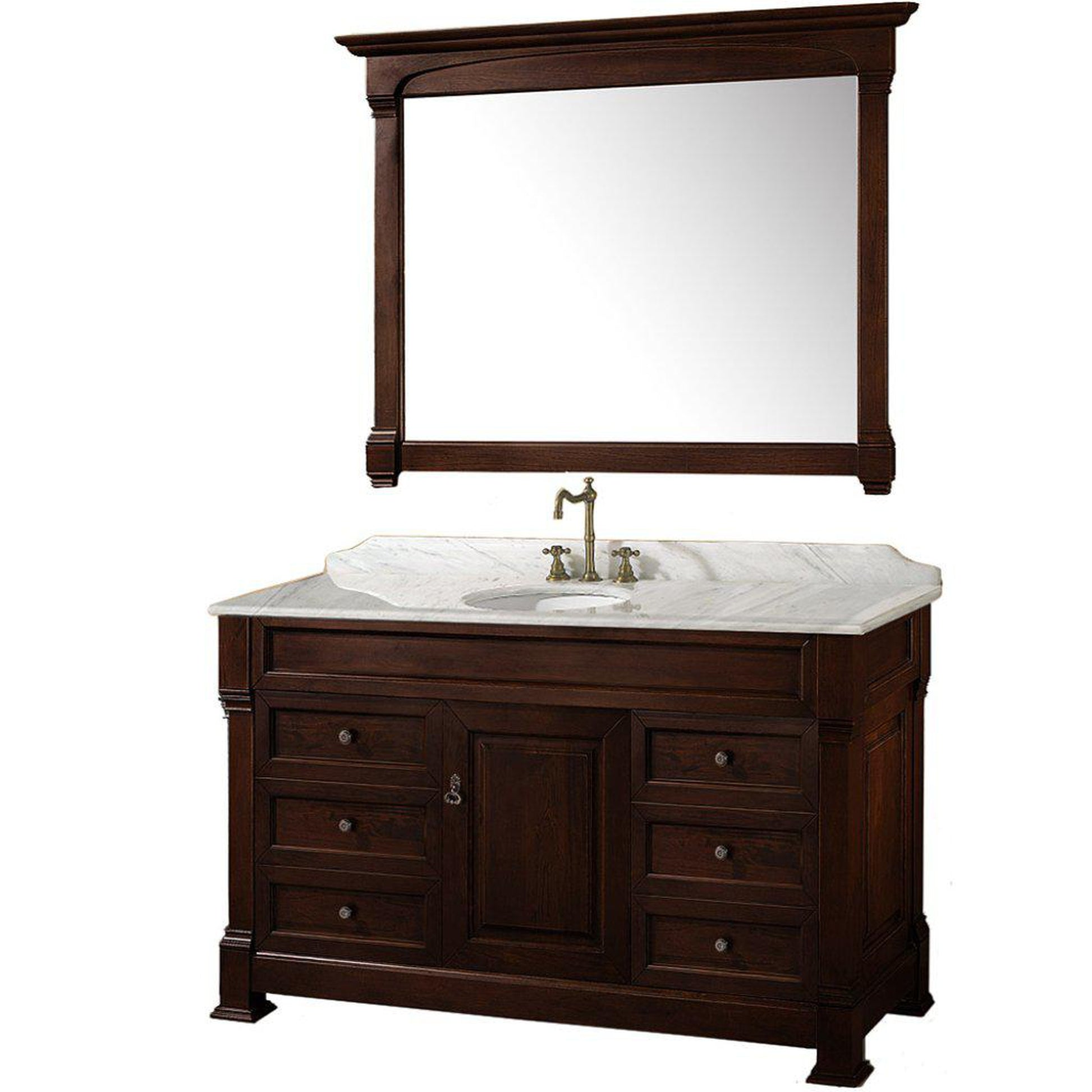 Wyndham Collection Andover 55" Single Bathroom Dark Cherry Vanity Set With White Carrara Marble Countertop And Undermount Oval Sink, And 50" Mirror