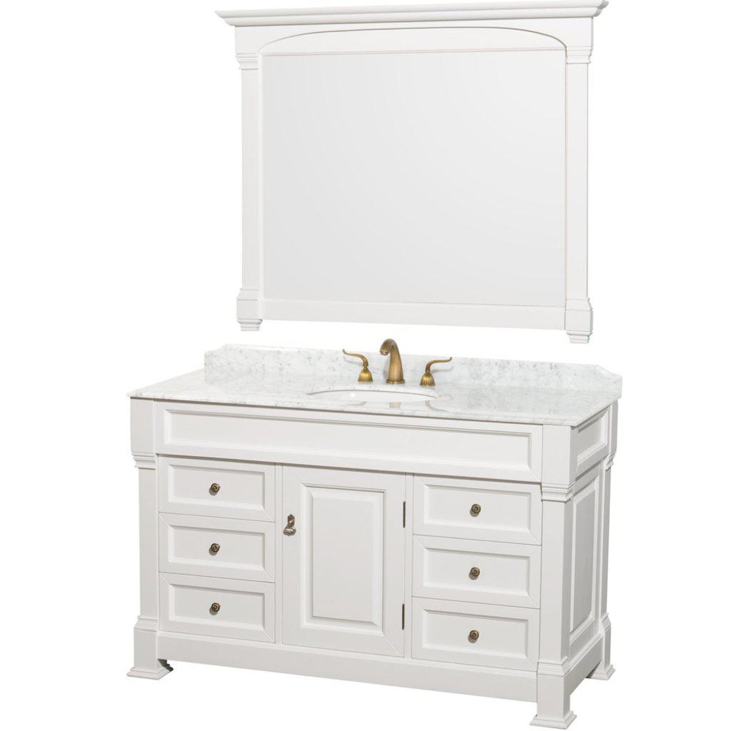 Wyndham Collection Andover 55" Single Bathroom White Vanity Set With White Carrara Marble Countertop And Undermount Oval Sink, And 50" Mirror