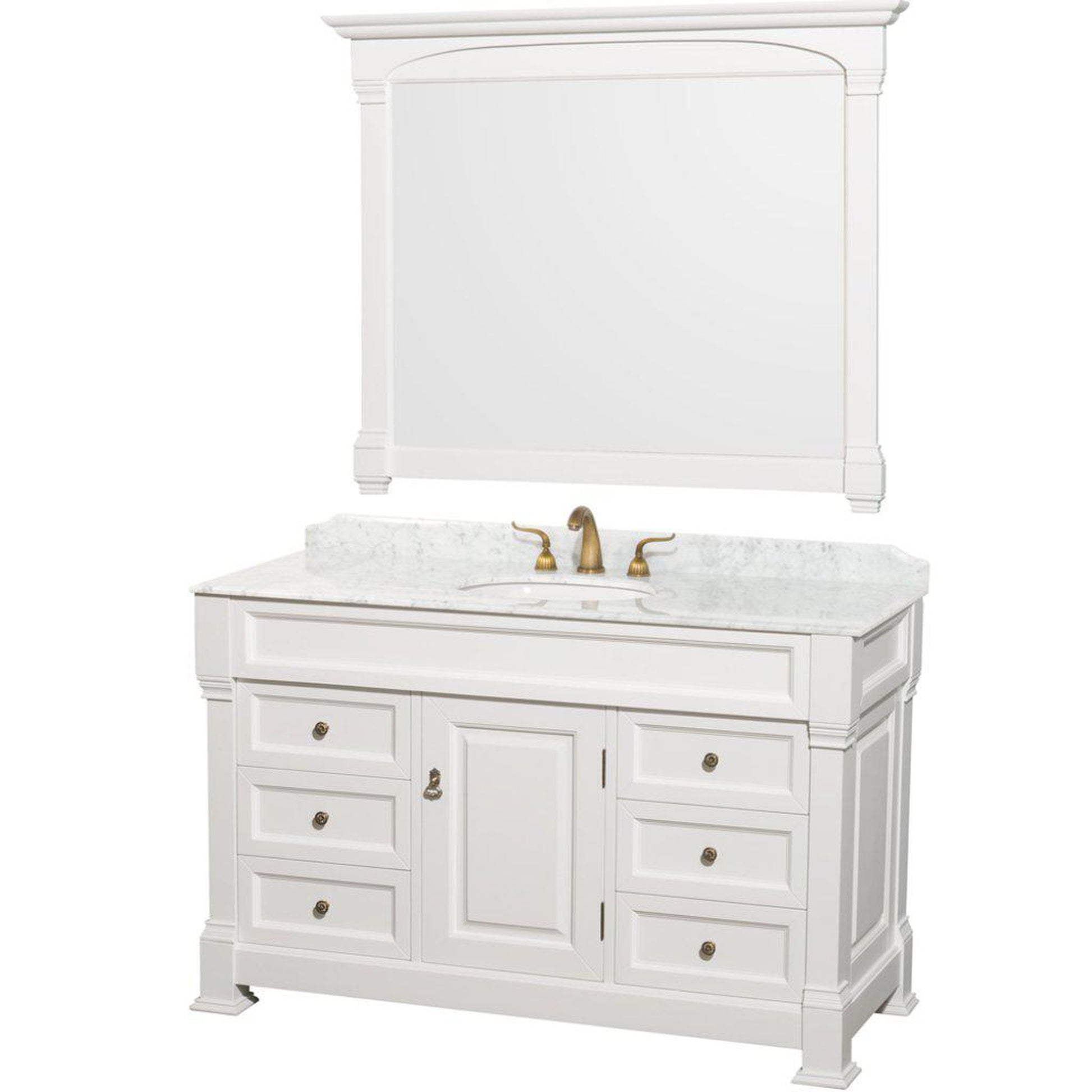 Wyndham Collection Andover 55" Single Bathroom White Vanity Set With White Carrara Marble Countertop And Undermount Oval Sink, And 50" Mirror