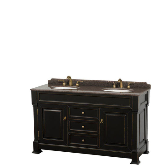 Wyndham Collection Andover 60" Double Bathroom Black Vanity Set With Imperial Brown Granite Countertop And Undermount Oval Sink, And No Mirror