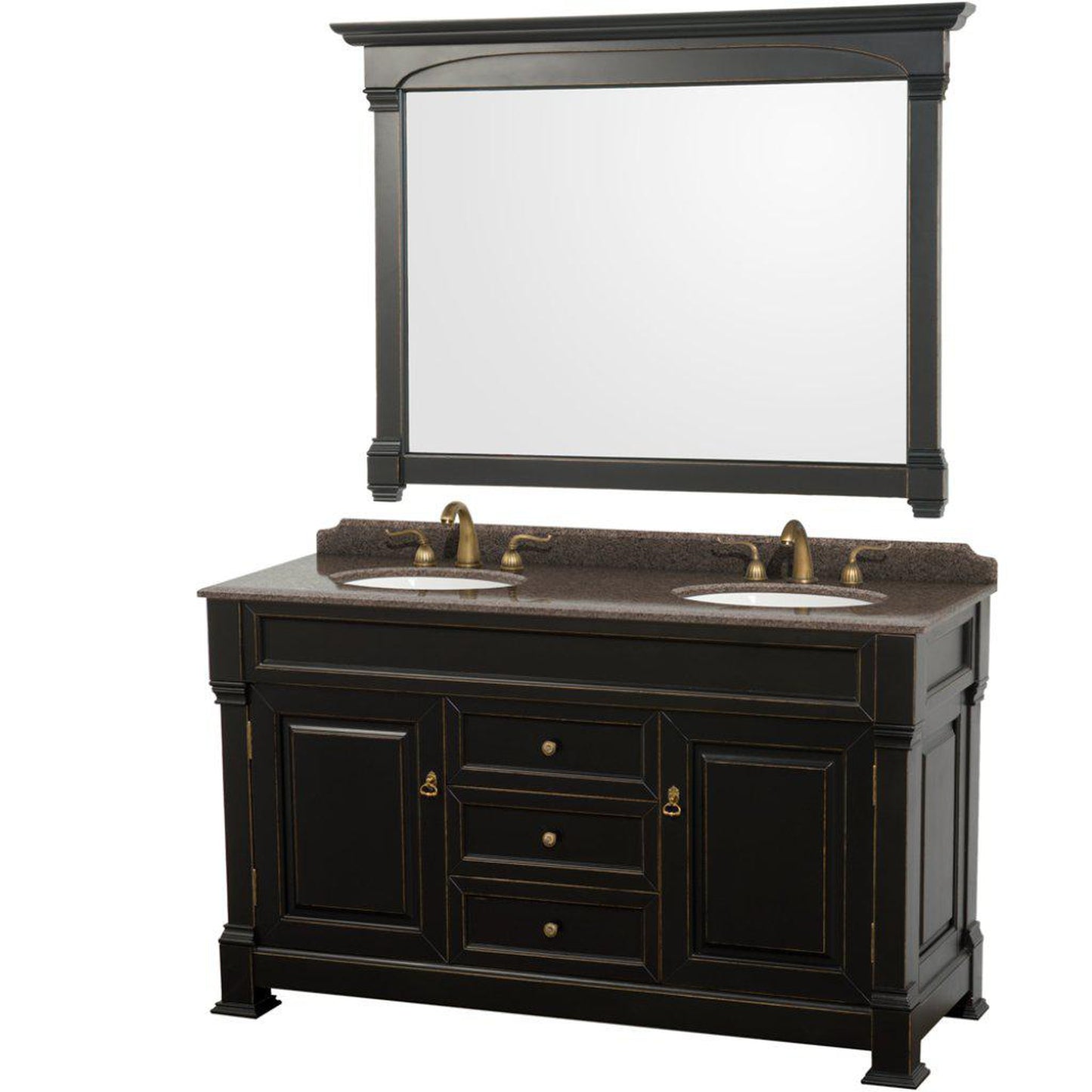 Wyndham Collection Andover 60" Double Bathroom Black Vanity With Imperial Brown Granite Countertop And Undermount Oval Sink, And 56" Mirror