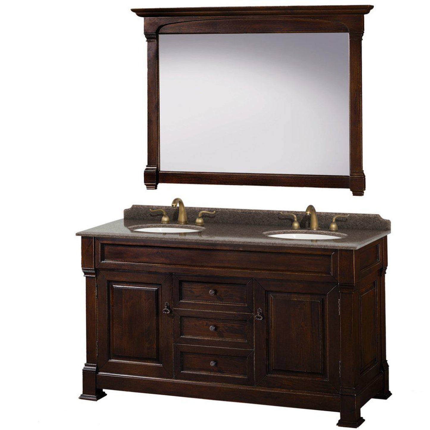 Wyndham Collection Andover 60" Double Bathroom Dark Cherry Vanity Set With Imperial Brown Granite Countertop And Undermount Oval Sink, And 56" Mirror