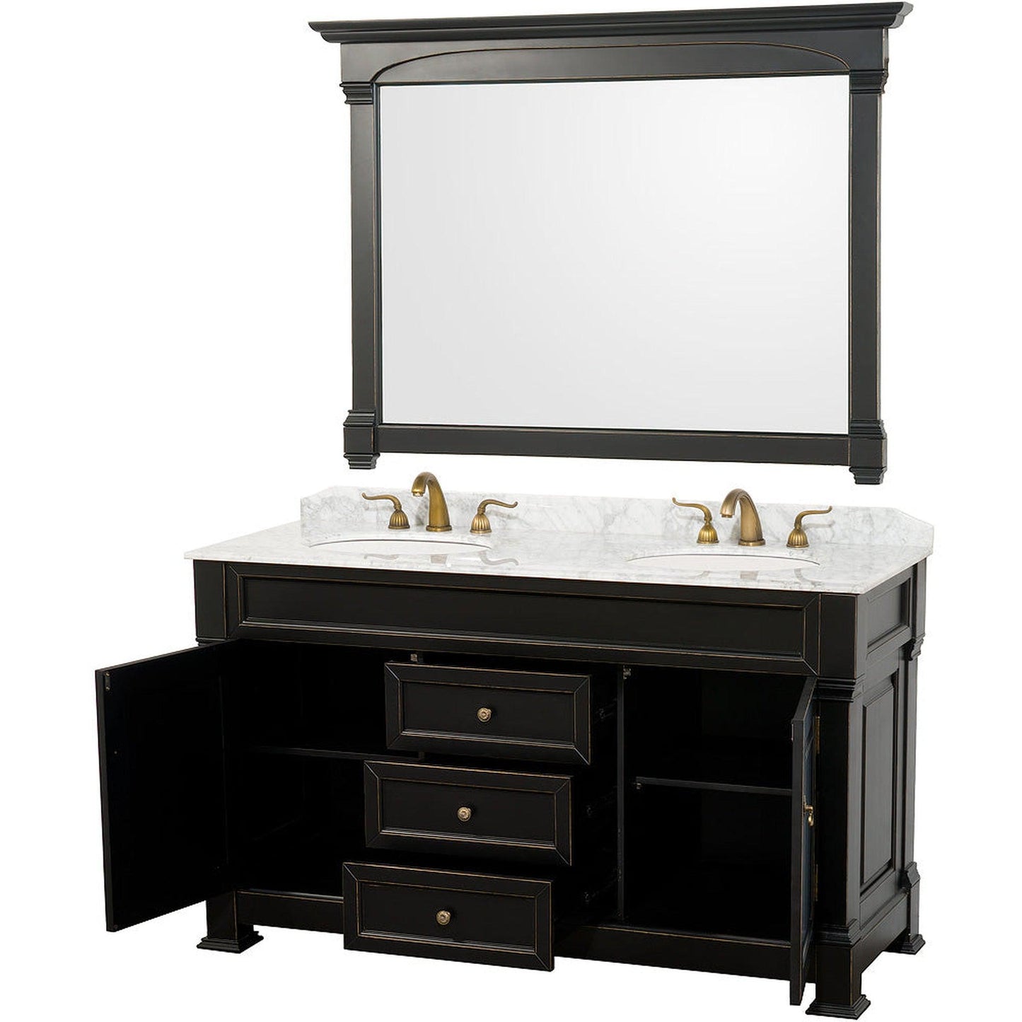 Wyndham Collection Andover 60" Double Bathroom Vanity in Black With White Carrara Marble Countertop, Undermount Oval Sink & 56" Mirror