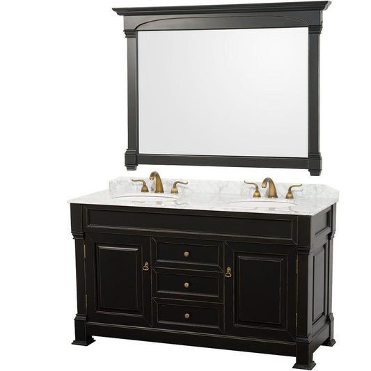 Wyndham Collection Andover 60" Double Bathroom Vanity in Black With White Carrara Marble Countertop, Undermount Oval Sink & 56" Mirror