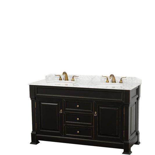 Wyndham Collection Andover 60" Double Bathroom Vanity in Black With White Carrara Marble Countertop & Undermount Oval Sink