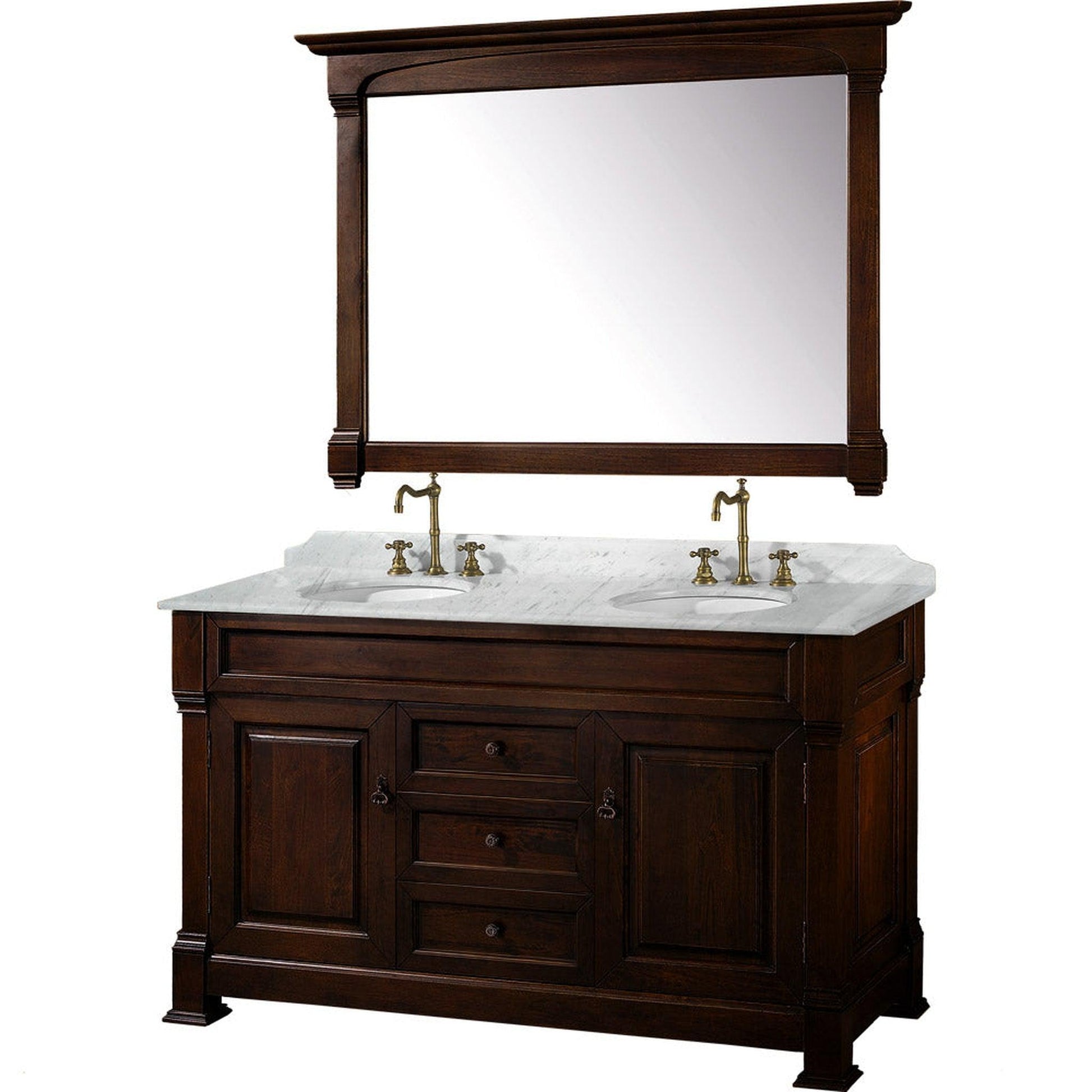 Wyndham Collection Andover 60" Double Bathroom Vanity in Dark Cherry With White Carrara Marble Countertop, Undermount Oval Sink & 56" Mirror