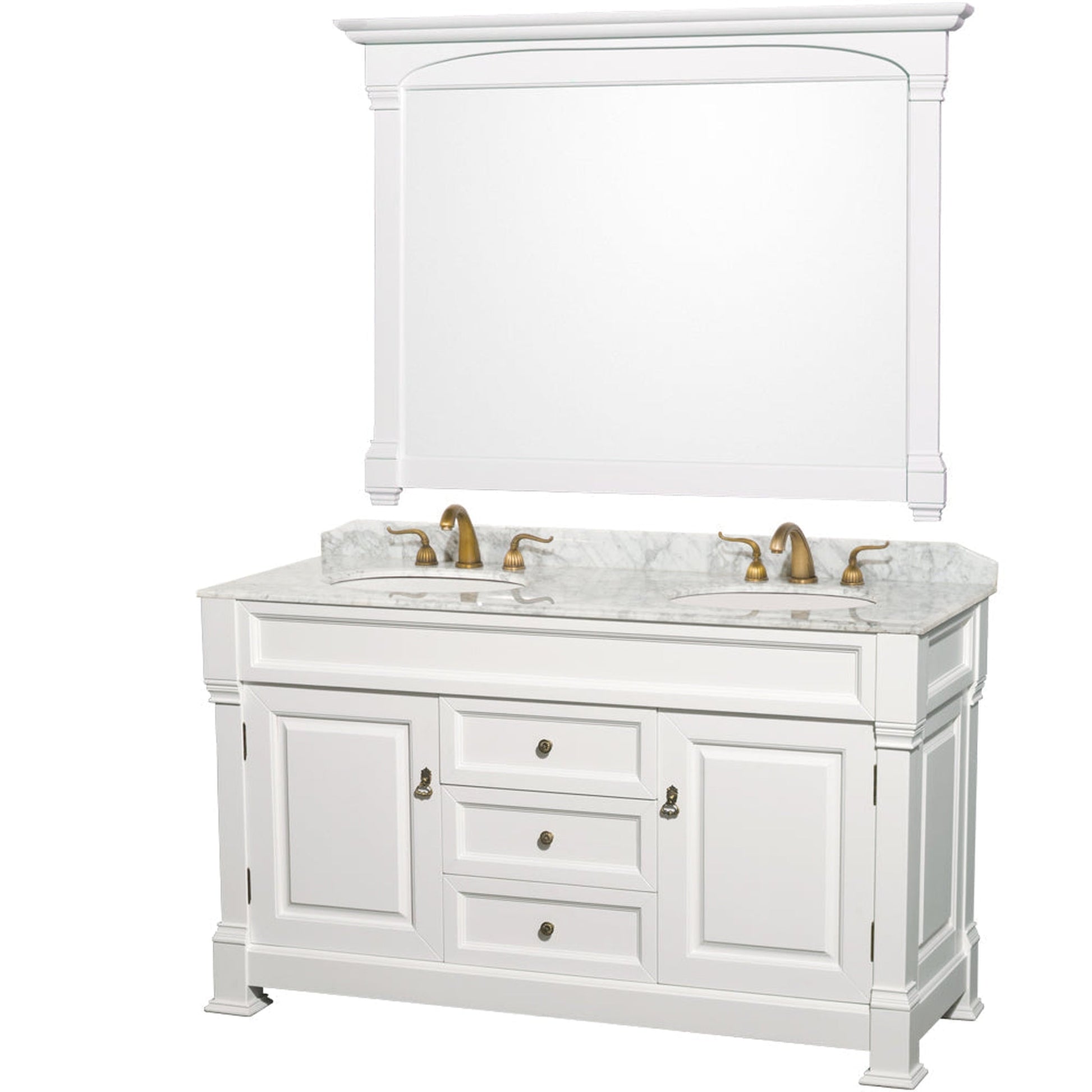 Wyndham Collection Andover 60" Double Bathroom Vanity in White With White Carrara Marble Countertop, Undermount Oval Sink and 56" Mirror