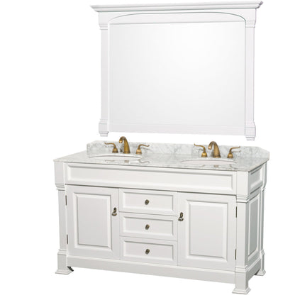 Wyndham Collection Andover 60" Double Bathroom Vanity in White With White Carrara Marble Countertop, Undermount Oval Sink and 56" Mirror