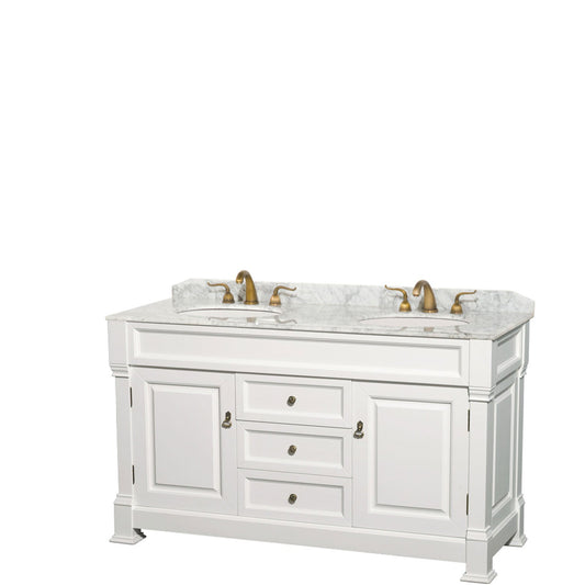 Wyndham Collection Andover 60" Double Bathroom Vanity in White With White Carrara Marble Countertop & Undermount Oval Sink