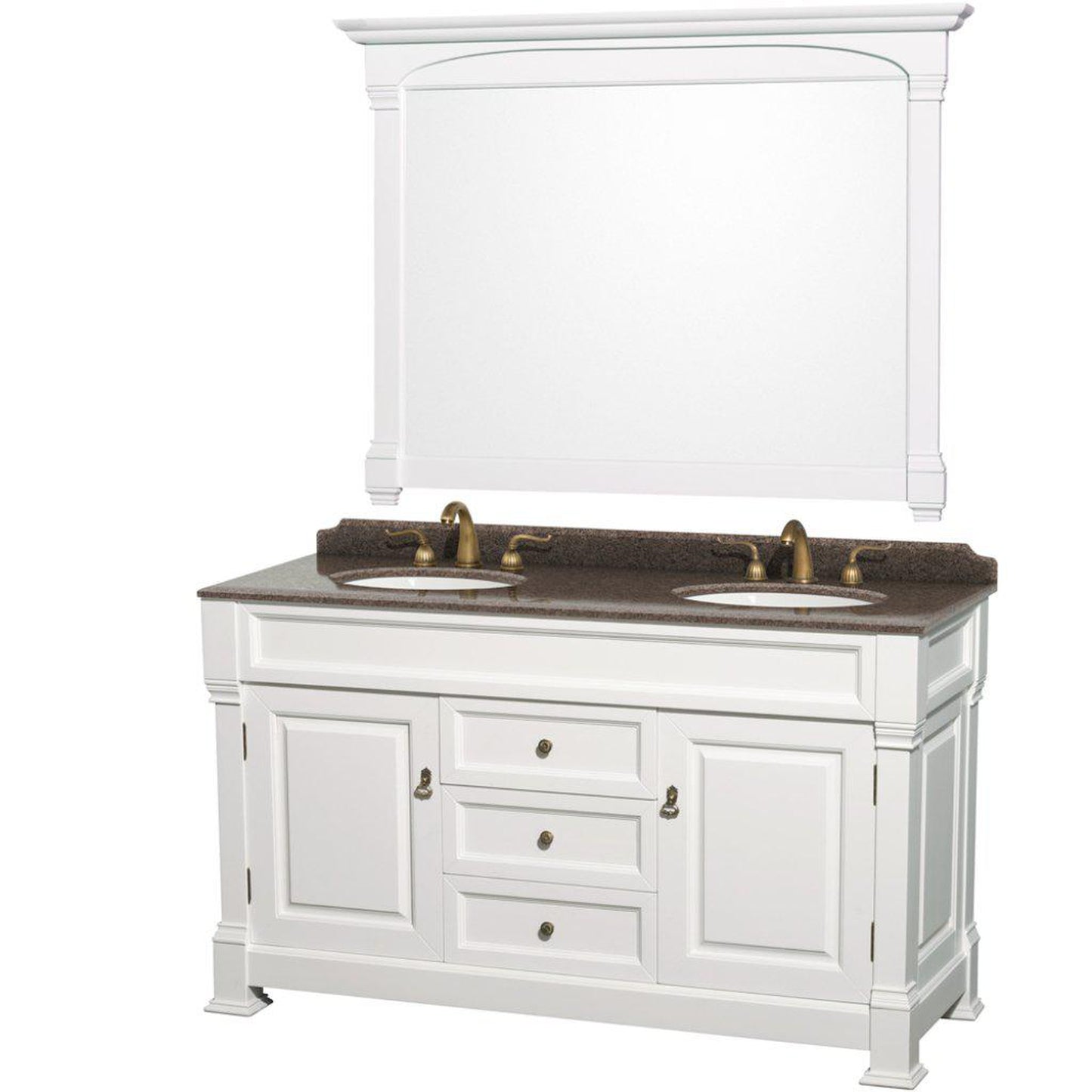 Wyndham Collection Andover 60" Double Bathroom White Vanity Set With Imperial Brown Granite Countertop And Undermount Oval Sink, And 56" Mirror