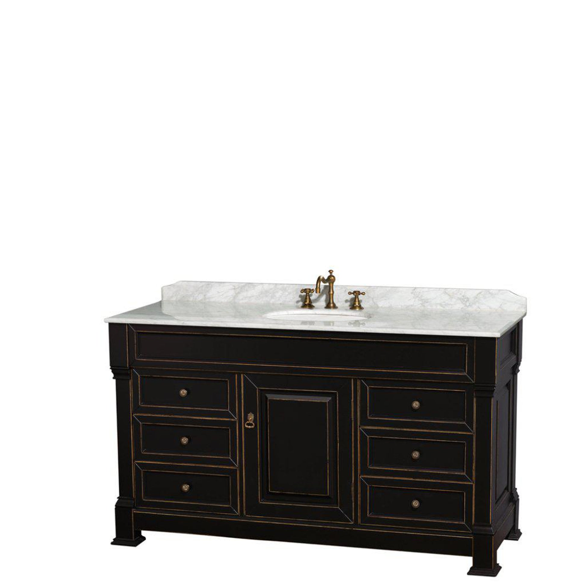 Wyndham Collection Andover 60" Single Bathroom Black Vanity Set With White Carrara Marble Countertop And Undermount Oval Sink, And No Mirror