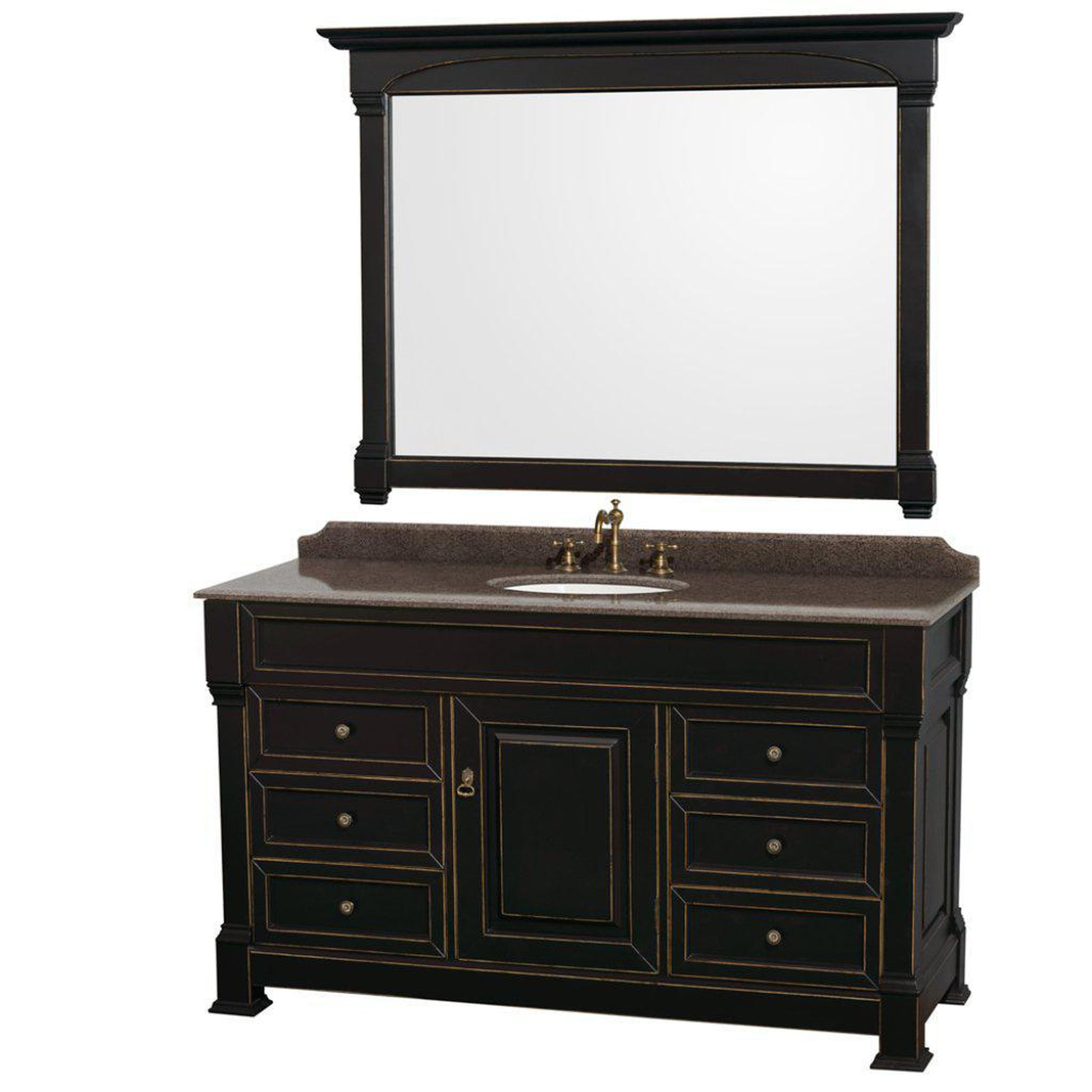 Wyndham Collection Andover 60" Single Bathroom Black Vanity With Imperial Brown Granite Countertop And Undermount Oval Sink, And 56" Mirror