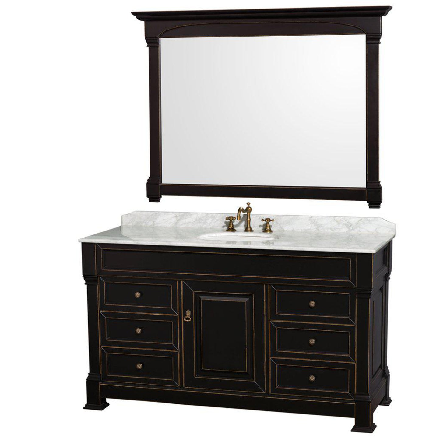 Wyndham Collection Andover 60" Single Bathroom Black Vanity With White Carrara Marble Countertop And Undermount Oval Sink, And 56" Mirror