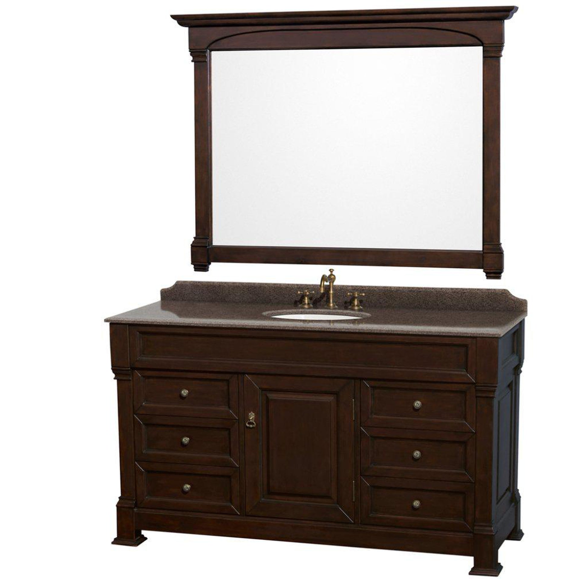 Wyndham Collection Andover 60" Single Bathroom Dark Cherry Vanity Set With Imperial Brown Granite Countertop And Undermount Oval Sink, And 56" Mirror