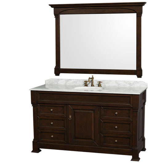 Wyndham Collection Andover 60" Single Bathroom Dark Cherry Vanity Set With White Carrara Marble Countertop And Undermount Oval Sink, And 56" Mirror