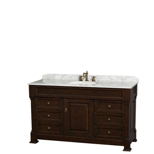 Wyndham Collection Andover 60" Single Bathroom Dark Cherry Vanity With White Carrara Marble Countertop And Undermount Oval Sink, And No Mirror