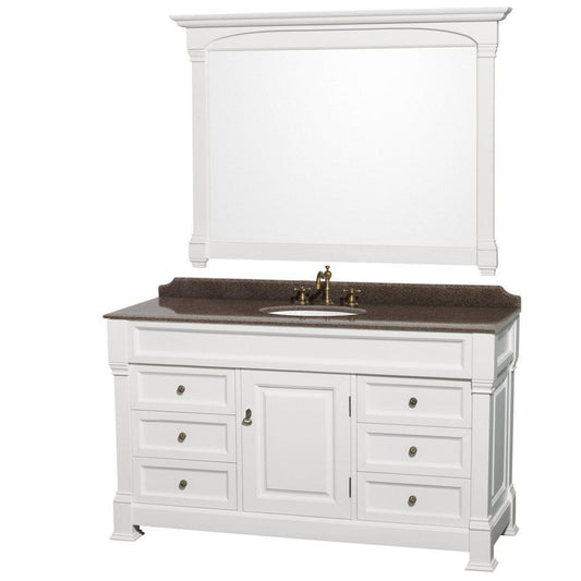 Wyndham Collection Andover 60" Single Bathroom White Vanity Set With Imperial Brown Granite Countertop And Undermount Oval Sink, And 56" Mirror