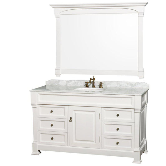 Wyndham Collection Andover 60" Single Bathroom White Vanity Set With White Carrara Marble Countertop And Undermount Oval Sink, And 56" Mirror