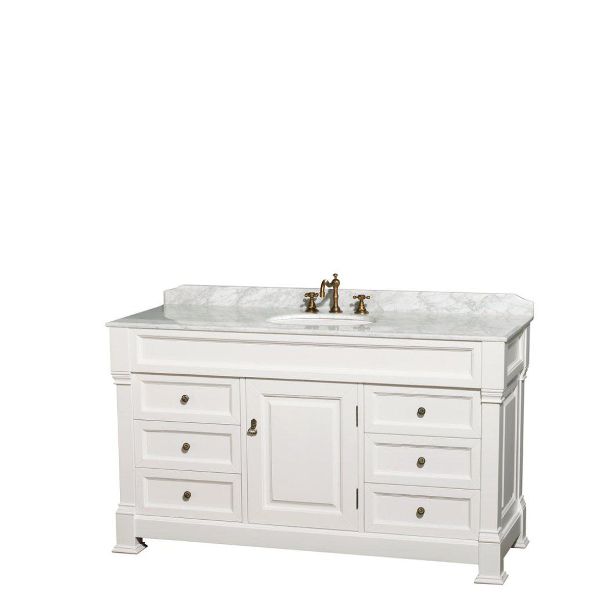 Wyndham Collection Andover 60" Single Bathroom White Vanity With White Carrara Marble Countertop And Undermount Oval Sink, And No Mirror