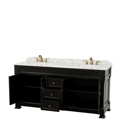 Wyndham Collection Andover 72" Double Bathroom Vanity in Black With White Carrara Marble Countertop & Undermount Oval Sink