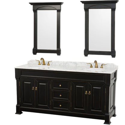 Wyndham Collection Andover 72" Double Bathroom Vanity in Black With White Carrara Marble Countertop, Undermount Oval Sink & 28" Mirror