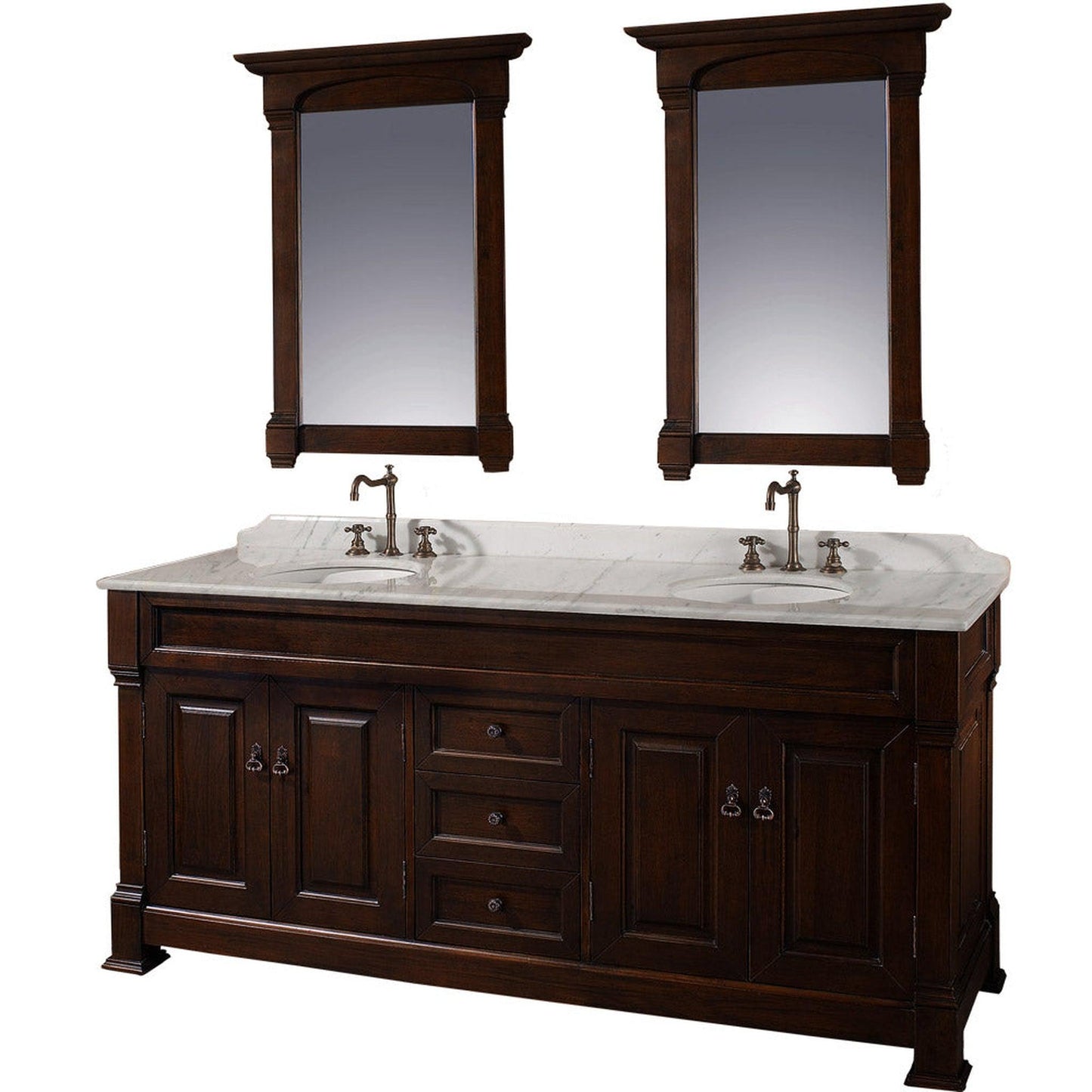 Wyndham Collection Andover 72" Double Bathroom Vanity in Dark Cherry With White Carrara Marble Countertop, Undermount Oval Sink & 28" Mirror