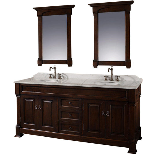 Wyndham Collection Andover 72" Double Bathroom Vanity in Dark Cherry With White Carrara Marble Countertop, Undermount Oval Sink & 28" Mirror