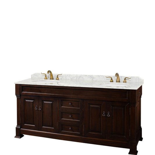 Wyndham Collection Andover 72" Double Bathroom Vanity in Dark Cherry With White Carrara Marble Countertop & Undermount Oval Sink