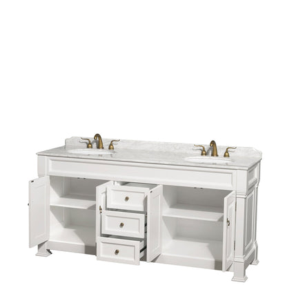 Wyndham Collection Andover 72" Double Bathroom Vanity in White With White Carrara Marble Countertop & Undermount Oval Sink