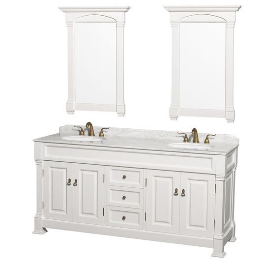 Wyndham Collection Andover 72" Double Bathroom Vanity in White With White Carrara Marble Countertop, Undermount Oval Sink & 28" Mirror