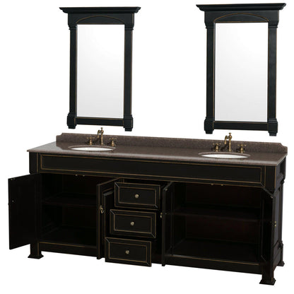 Wyndham Collection Andover 80" Double Bathroom Vanity in Black With Imperial Brown Granite Countertop, Undermount Oval Sink & 28" Mirror