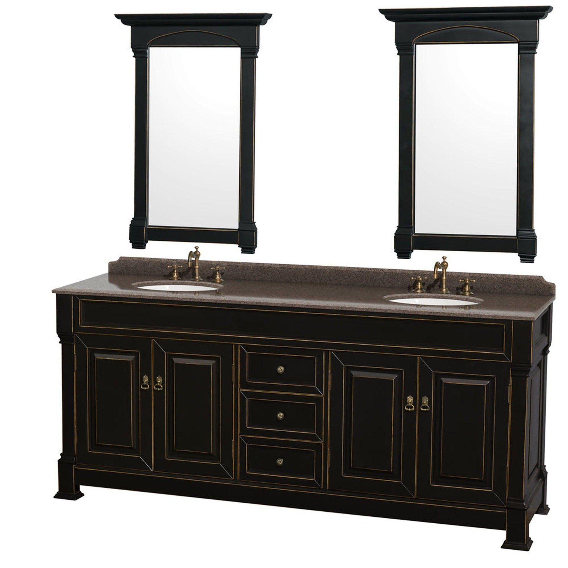 Wyndham Collection Andover 80" Double Bathroom Vanity in Black With Imperial Brown Granite Countertop, Undermount Oval Sink & 28" Mirror
